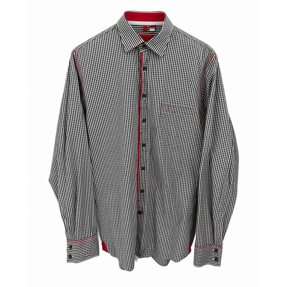 Haupt Dress Shirt Check Fashion Fit Button Up L/S Mens Sz M Black White Red EUC